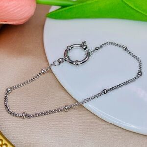 Dainty Beaded Chain Link Spring Mariner Clasp Stackable Bracelet Silver